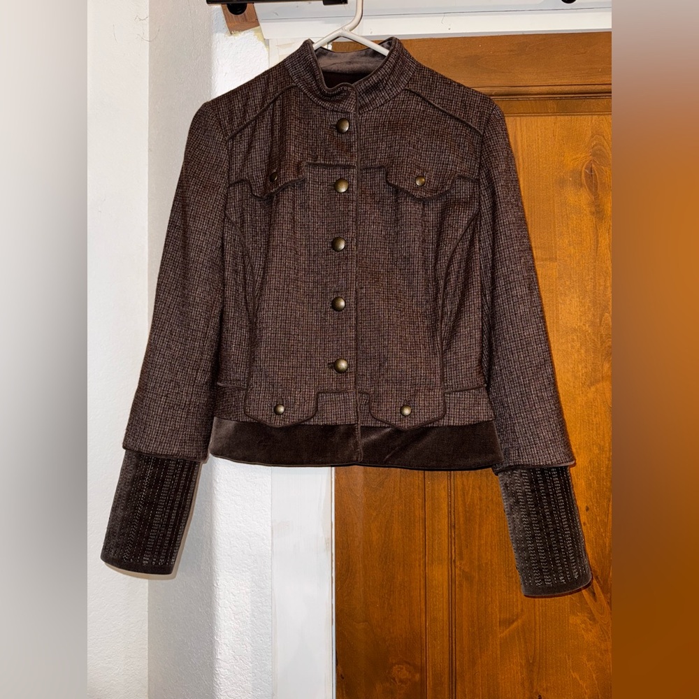 Chocolate Brown Tweed Bomber Button Jacket Wool Blend Size M
